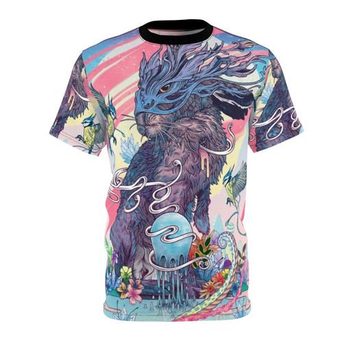 Colorful psychedelic t-shirt design featuring a trippy, surreal jackalope creature in a dreamlike, nature-inspired scene.