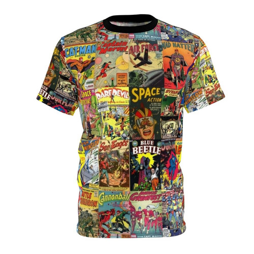 Vibrant comic book collage graphic design on a t-shirt
