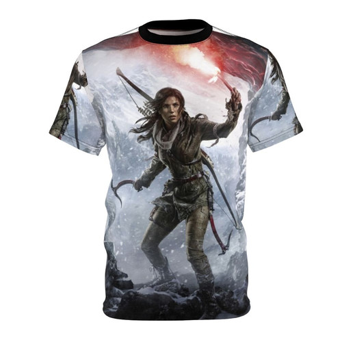A high-quality t-shirt featuring the "Rise of the Tomb Raider" video game logo and artwork