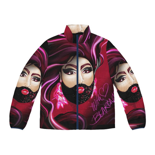A cozy puffer jacket with a fun, bear-inspired design, perfect for LGBTQ+ and drag fashion enthusiasts.