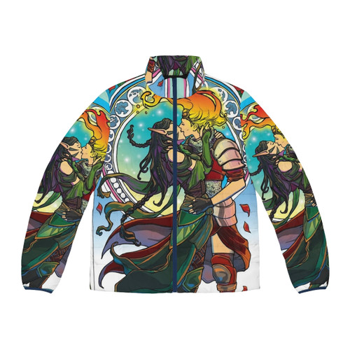 A forest fire-inspired Art Nouveau puffer jacket featuring Chandra and Nissa's kiss