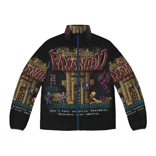 Retro gaming-inspired puffer jacket with 8-bit pixel art design