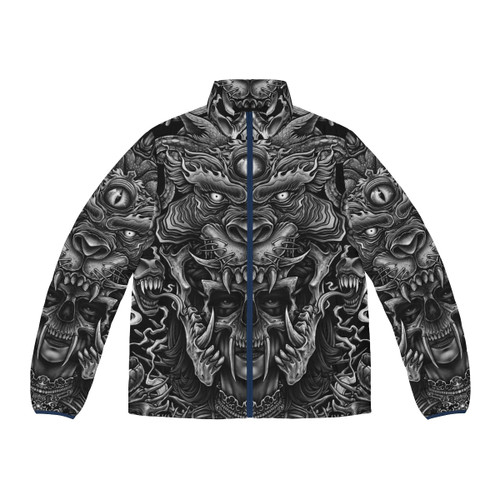 Winya No 129 Puffer Jacket featuring dark fantasy and occult-inspired graphics