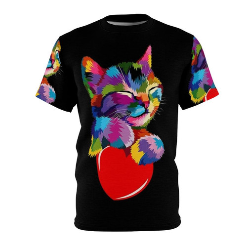 Colorful and whimsical cat hugging a heart graphic on a t-shirt