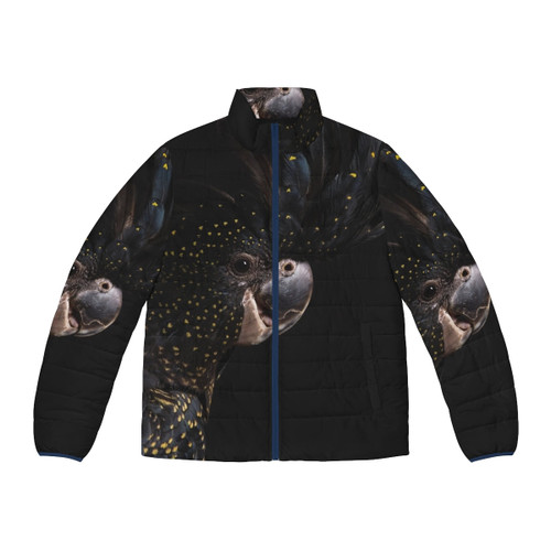 Red tailed black cockatoo, an endangered Australian bird, featured on a stylish puffer jacket.