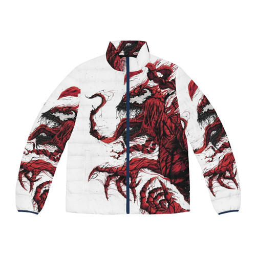 Red Symbiote Puffer Jacket featuring the iconic comic book character Carnage