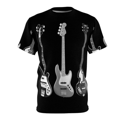 Graphic t-shirt design featuring iconic vintage bass guitars including Rickenbacker, Fender, and Hofner models