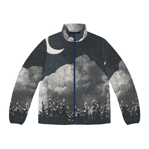 A cozy winter puffer jacket featuring a wolf design, perfect for outdoor adventures in the snow-covered mountains.