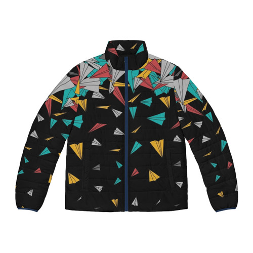 Vintage-style puffer jacket featuring a retro flying saucer cartoon design for UFO enthusiasts