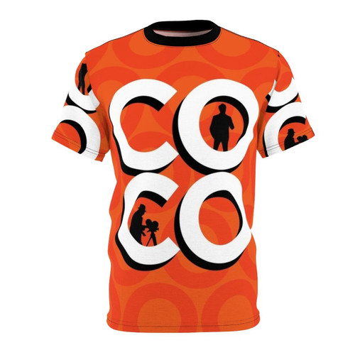A t-shirt featuring a typography design and silhouette inspired by the Coco show and podcast