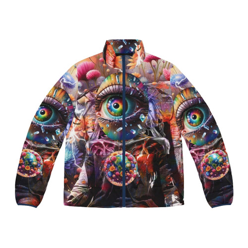 Flower power puffer jacket with retro, vintage, and hippie style patterns