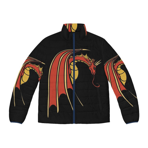 Red dragon puffer jacket with fantasy-inspired design