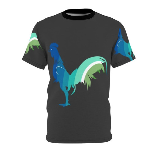 Colorful abstract design featuring a cockerel and legendary animals on a t-shirt