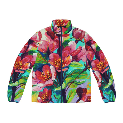 A vibrant red puffer jacket featuring a beautiful apple blossom flower design