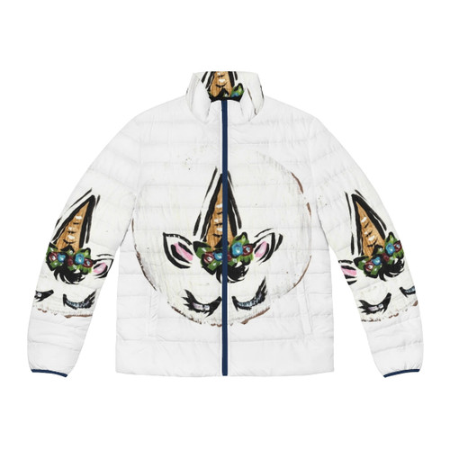 Colorful floral unicorn puffer jacket with spiraling horn