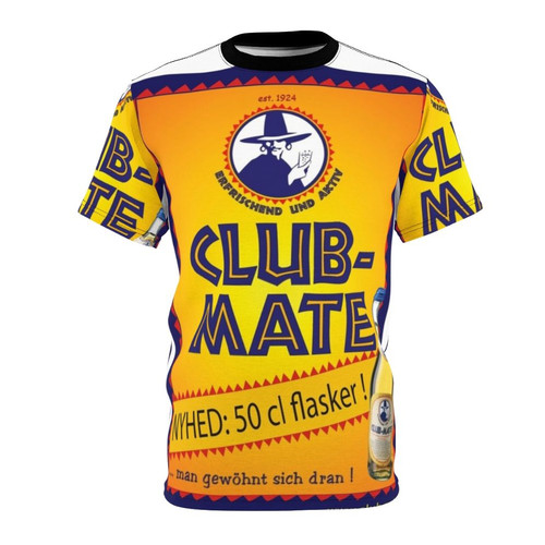 Closeup of a person wearing a Club Mate-inspired all-over-print t-shirt