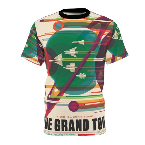 Retro space poster graphic on a high-quality t-shirt for cosmic fans and space enthusiasts