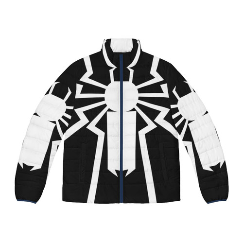 Spider-inspired puffer jacket worn by Flash Thompson, a US Army veteran and former high school football star