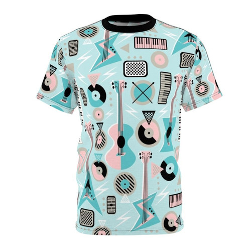 Retro music-inspired t-shirt featuring guitars, piano keys, drums, and lightning bolts in a vibrant turquoise design
