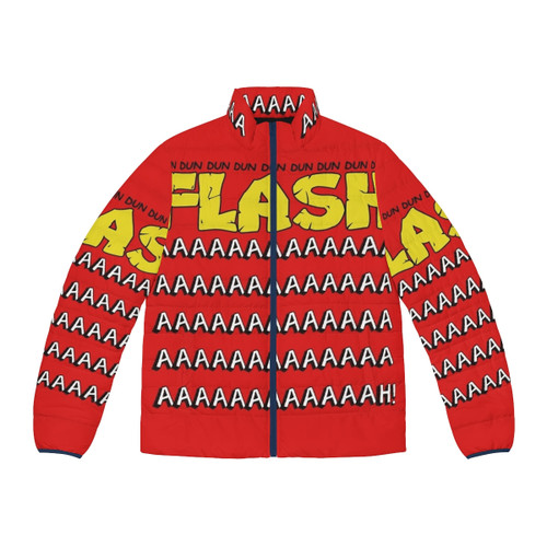 Flash Gordon puffer jacket with 80s style and retro music theme