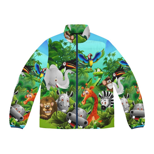 Jungle puffer jacket with playful animal cartoon designs including elephant, lion, and other exotic wildlife