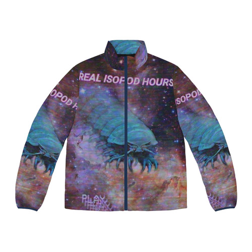 A puffer jacket featuring a vibrant isopod design, perfect for ocean-inspired fashion.