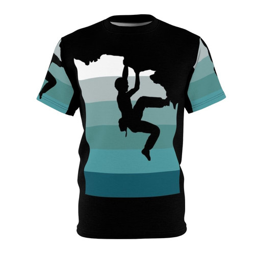 A high-quality t-shirt featuring a striking all-over print design inspired by the thrill of rock climbing and bouldering in nature.