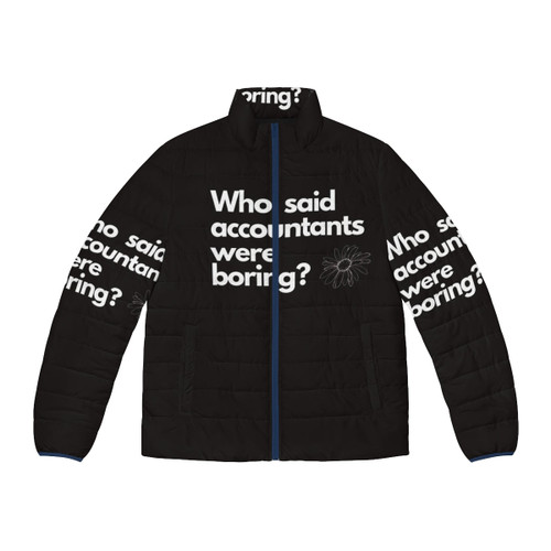 Accountant women wearing a puffer jacket with a daisy flower design