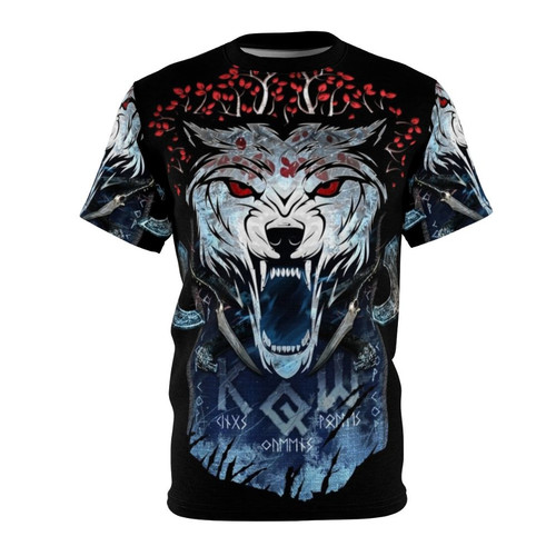 Fantasy wolf banner design on a t-shirt with winter and medieval elements