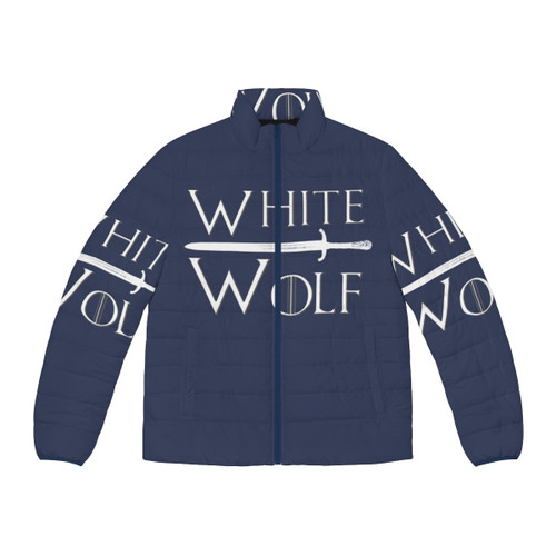 White wolf puffer jacket with direwolf details for Game of Thrones fans