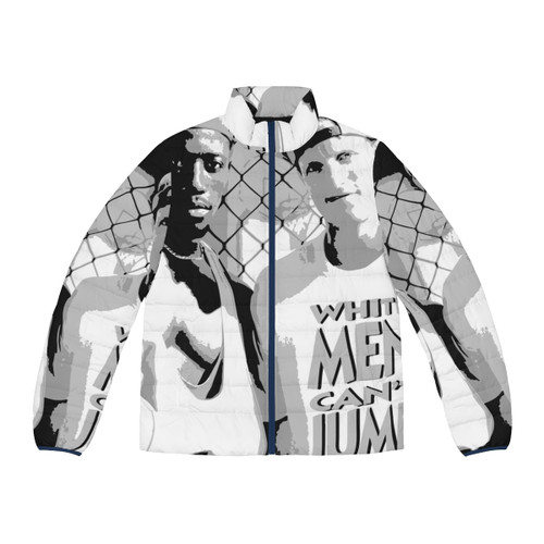 White "White Men Can't Jump" Stencil-Style Puffer Jacket
