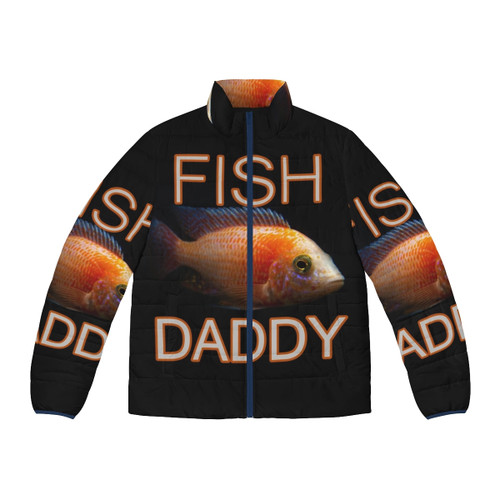 A vibrant puffer jacket featuring a bold fish daddy design, perfect for aquarium enthusiasts and marine life lovers.