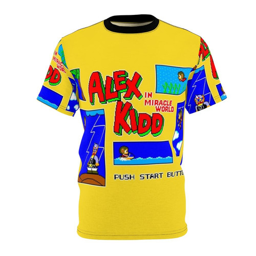 Retro-style t-shirt featuring pixel art design of classic Sega character Alex Kidd