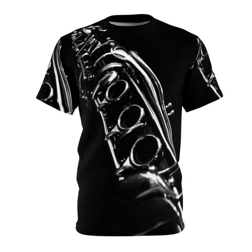 A high-quality t-shirt featuring a striking black and white design of a clarinet, perfect for music lovers and musicians.