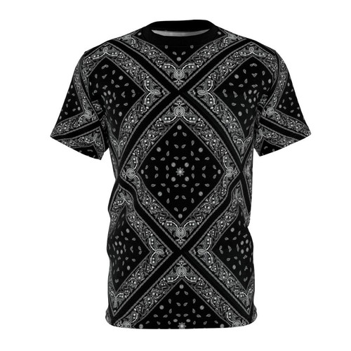 Closeup of a black t-shirt with a detailed repeating bandana print design