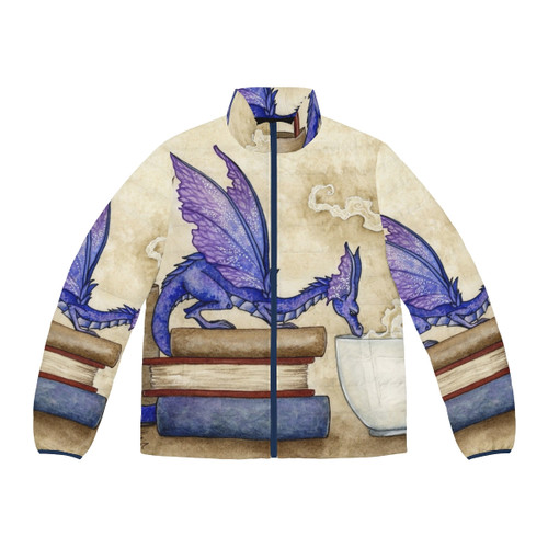 Whimsical fantasy-inspired puffer jacket with dragon and faerie design