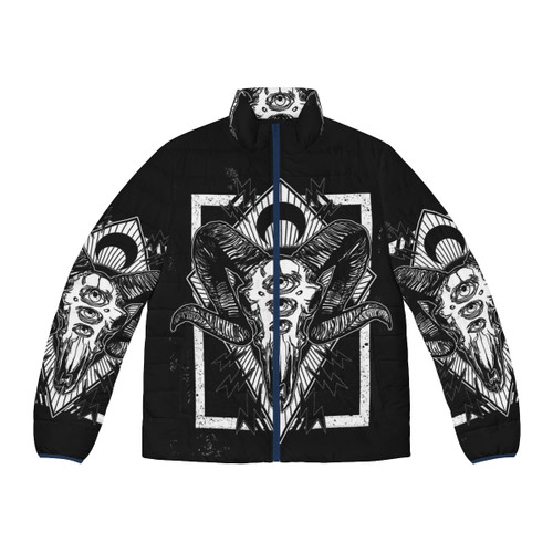 Monochrome puffer jacket with ram skull digital artwork design