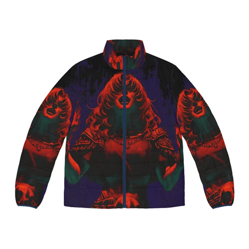 Fire Elemental Voidstomper Puffer Jacket, featuring a dark fantasy design with anime-inspired elements