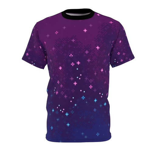 Vibrant 8-bit galaxy design featuring the bi pride flag colors of pink, purple, and blue with stars and cosmic elements.