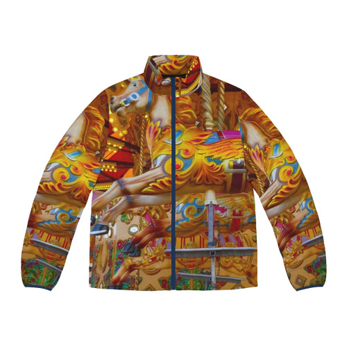 Weymouth puffer jacket featuring a classic British seaside carousel design
