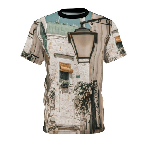 AOP T-shirt showcasing the stunning landscapes of Puglia, Italy, including the mediterranean sea, beaches, and historic towns.