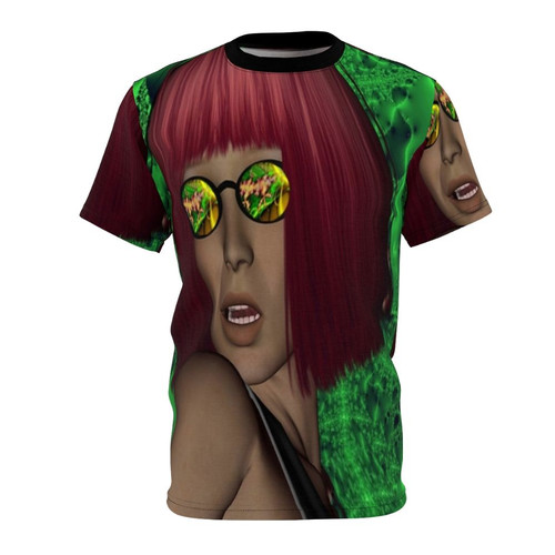 Model wearing a vibrant, abstract art t-shirt with trippy, psychedelic patterns.