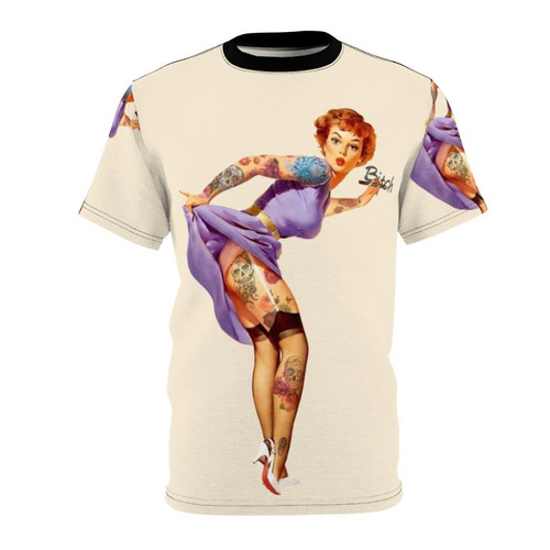 Redhead pinup woman wearing retro-style graphic t-shirt with flowers and skulls