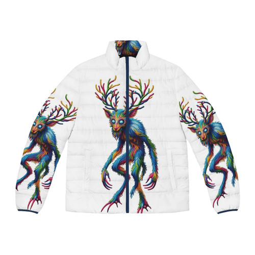 Wendigo puffer jacket with embroidered mythical creature design