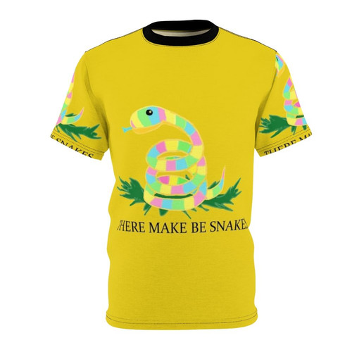 Stylish "There Be Snakes" graphic tee with a unique all-over-print design featuring snakes.