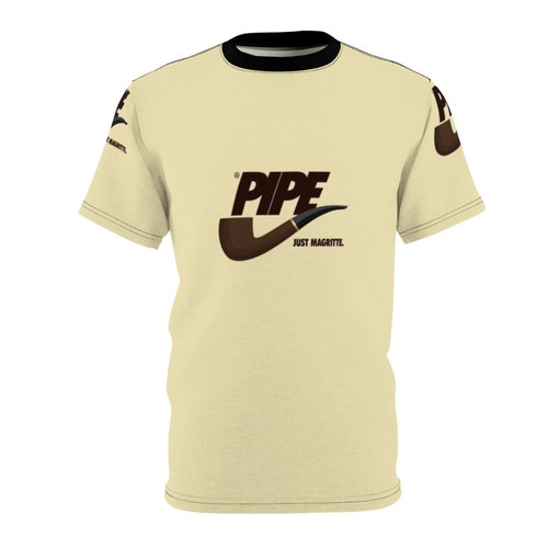 A stylish athletic t-shirt featuring a surrealist graphic inspired by Magritte's famous "Ceci n'est pas une pipe" painting.
