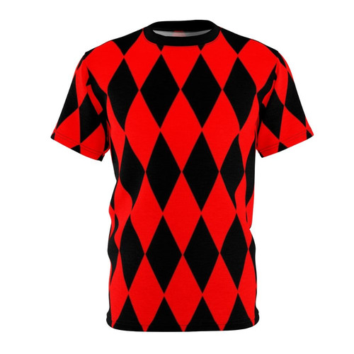 Model wearing a red and black harlequin diamond pattern t-shirt