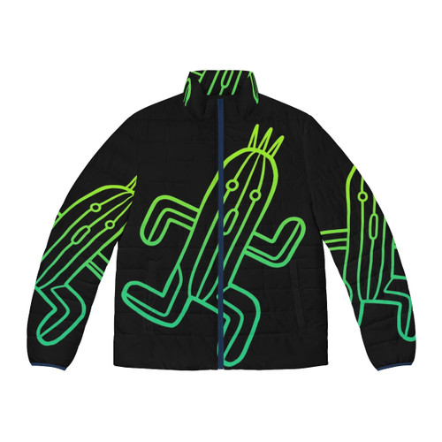 Final Fantasy Cactuar Puffer Jacket featuring a minimalist neon cactus design
