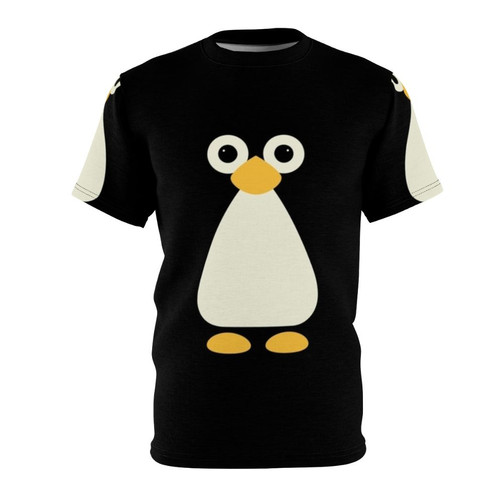 Graphic t-shirt featuring a cute, silly penguin cartoon on a background with arctic wildlife