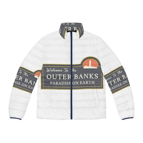Outer Banks Welcome Sign Puffer Jacket featuring cobalt blue, orange, and yellow colors
